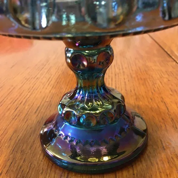 Kings Crown Blue Iridescent Carnival Glass Pedestal Candy Dish - Picture 3 of 10